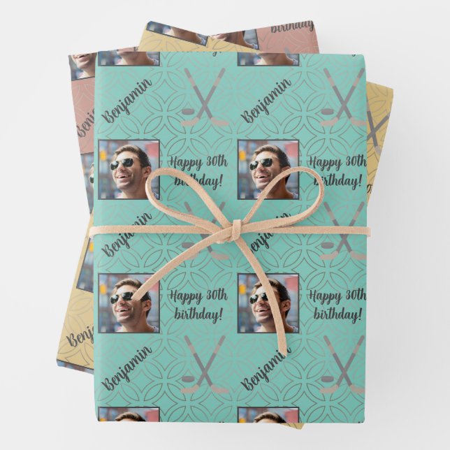 Personalised Name Photo Age Sport Hockey Birthday Wrapping Paper Sheet (In situ)
