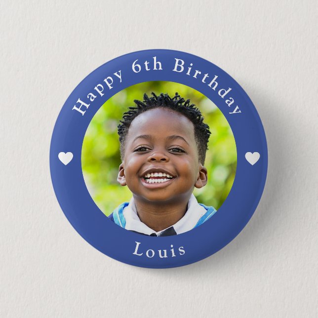 Personalised Name, Photo And Age Birthday Blue 6 Cm Round Badge (Front)