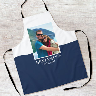 Personalised Name Photo Dark Blue White Apron