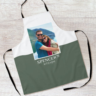 Personalised Name Photo Grey Green Modern Apron