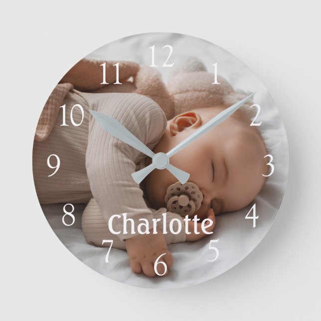 Personalised Name Photo Large White Numbers Round Clock (Front)