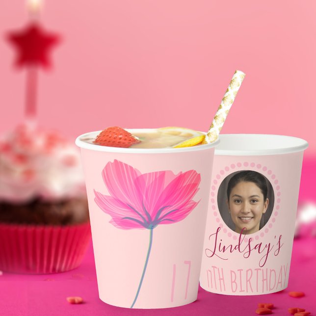 Personalised Name & Photo Pink Floral Birthday Paper Cups (Creator Uploaded)