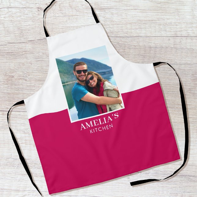 Personalised Name Photo Pink White Modern Apron (Creator Uploaded)