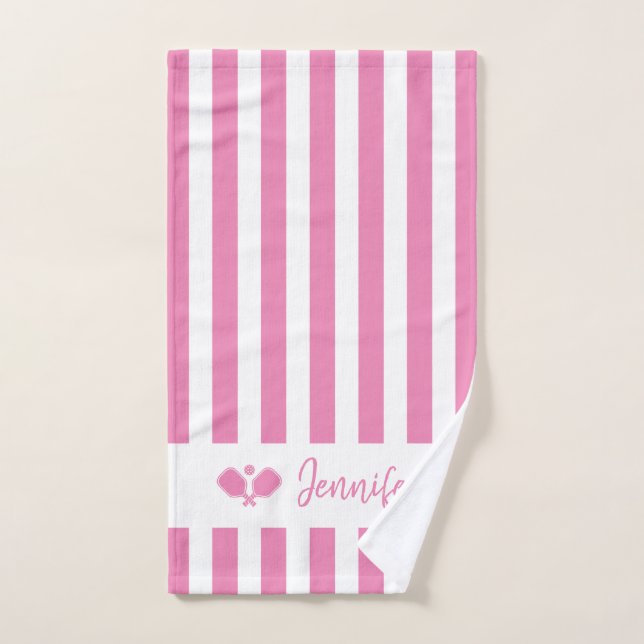 Personalised Name Pickleball Pink Stripes Hand Towel (Hand Towel)