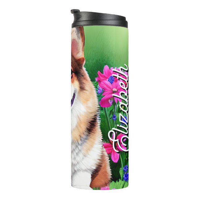 Personalised Name Picturesque Floral Corgi Thermal Tumbler (Rotated Right)