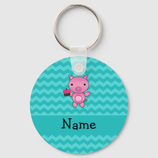 Personalised name pig cupcake turquoise chevrons key ring