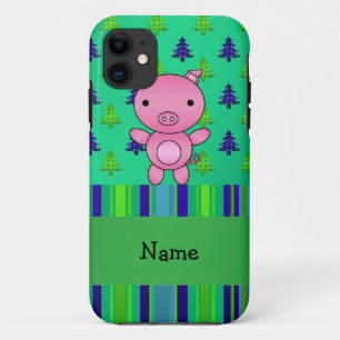 Personalised name pig green blue christmas trees iPhone 11 case