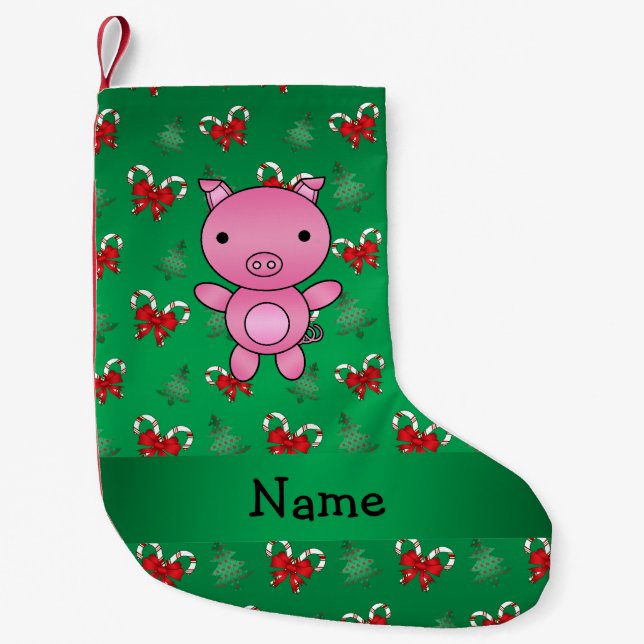 Personalised name pig green candy canes bows small christmas stocking (Front)