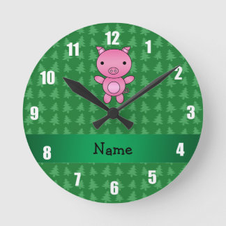 Personalised name pig green christmas trees round clock