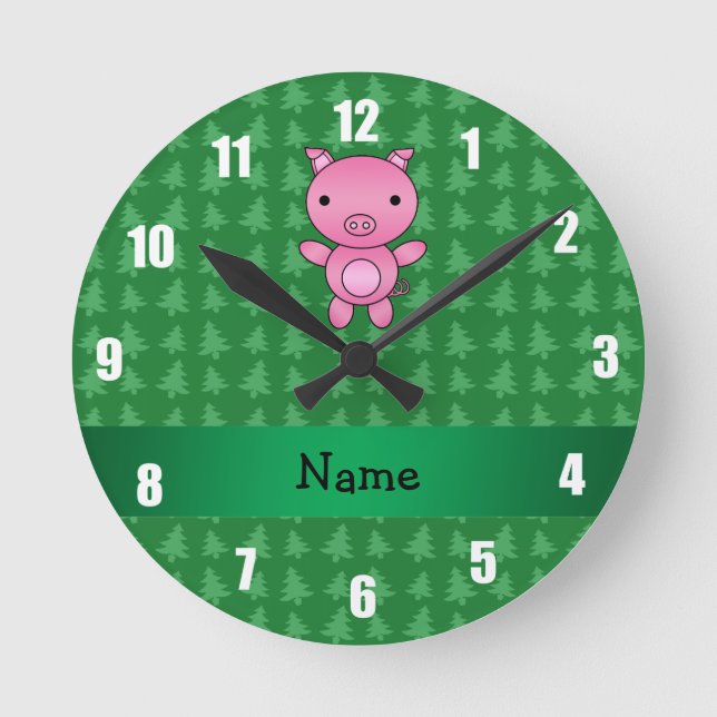 Personalised name pig green christmas trees round clock (Front)