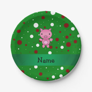 Personalised name pig green white red polka dots paper plate