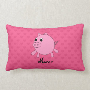 Personalised name pig pink hearts lumbar cushion