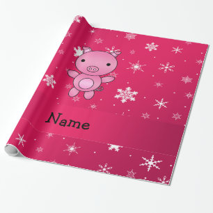 Personalised name pig pink snowflakes wrapping paper