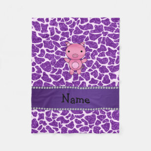 Personalised name pig purple glitter giraffe print fleece blanket