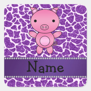 Personalised name pig purple glitter giraffe print square sticker