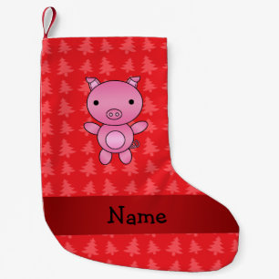 Personalised name pig red christmas trees small christmas stocking