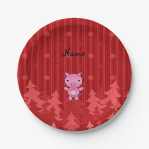 Personalised name pig red christmas trees stripes paper plate