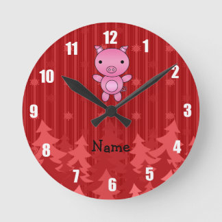 Personalised name pig red christmas trees stripes round clock