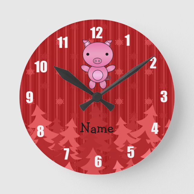 Personalised name pig red christmas trees stripes round clock (Front)