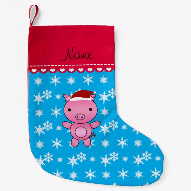 Personalised name pig sky blue snowflakes small christmas stocking (Front)