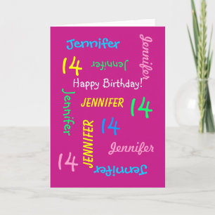 Personalised Name,  Pink, 14th Birthday Greeting Card