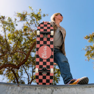 Personalised Name pink and black Chequerboard Skateboard