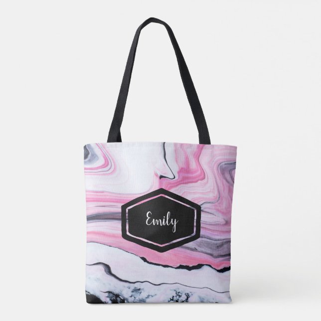 Personalised name pink and black marble tote bag (Back)