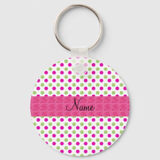 Personalised name pink and green polka dots key ring