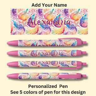 Personalised Name Pink Aqua Blue Paisley Feathers Black Ink Pen