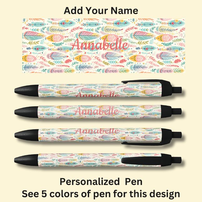 Personalised Name, Pink Aqua Boho Feathers Black Ink Pen (Creator Uploaded)