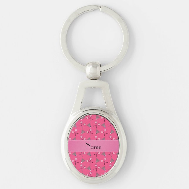 Personalised name pink badminton pattern key ring (Front)