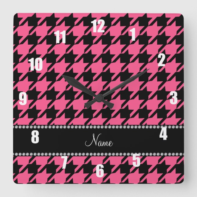 Personalised name pink black houndstooth square wall clock (Front)