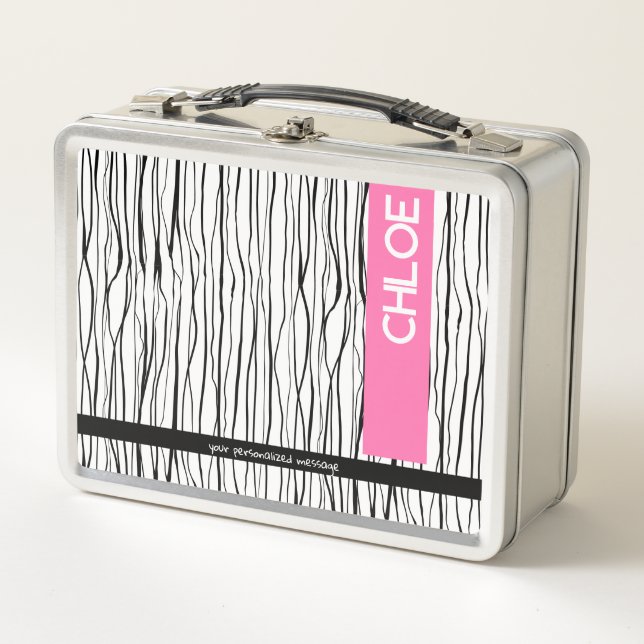 Personalised Name Pink & Black Modern  Metal Lunch Box (Front)