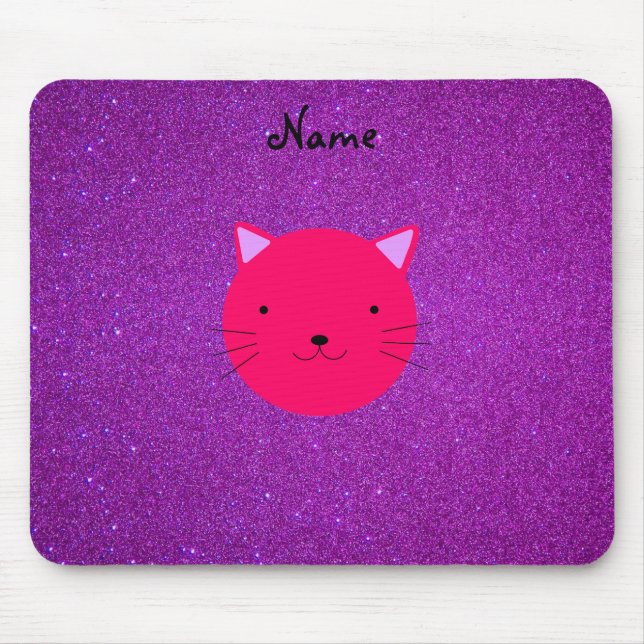 Personalised name pink cat face purple glitter mouse pad (Front)