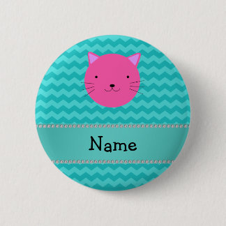 Personalised name pink cat face turquoise chevrons 6 cm round badge
