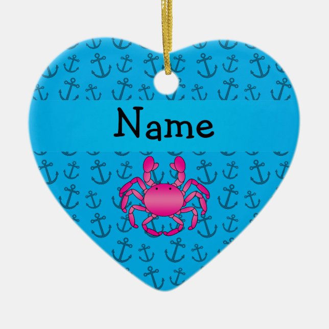Personalised name pink crab blue anchors pattern ceramic tree decoration (Front)
