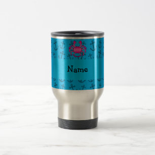 Personalised name pink crab blue anchors pattern travel mug