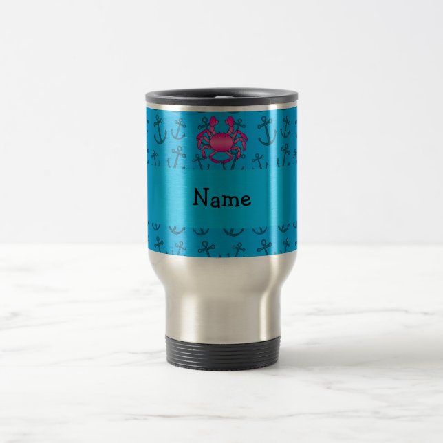 Personalised name pink crab blue anchors pattern travel mug (Center)