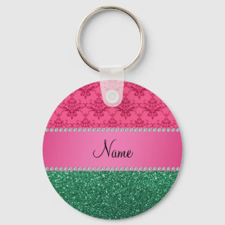 Personalised name pink damask green glitter key ring