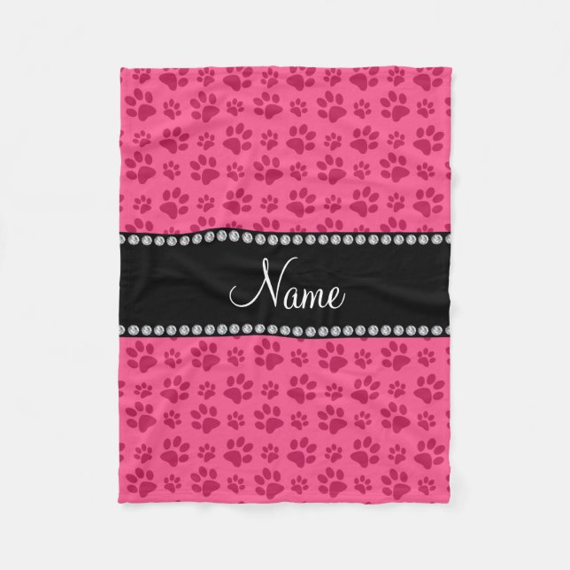 Personalised name pink dog paw prints fleece blanket (Front)