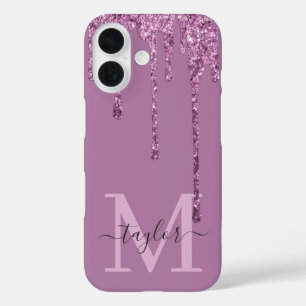 Personalised Name Pink Fake Glitter Drip Monogram iPhone 16 Case