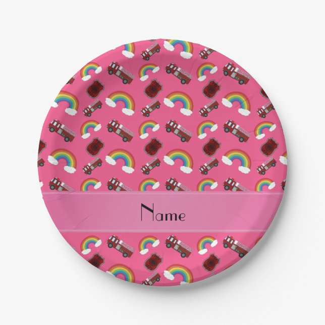 Personalised name pink fire trucks rainbows paper plate (Front)