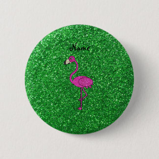 Personalised name pink flamingo green glitter 6 cm round badge