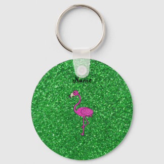 Personalised name pink flamingo green glitter key ring