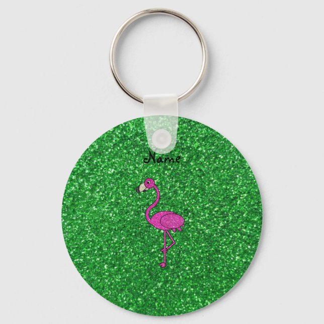 Personalised name pink flamingo green glitter key ring (Front)
