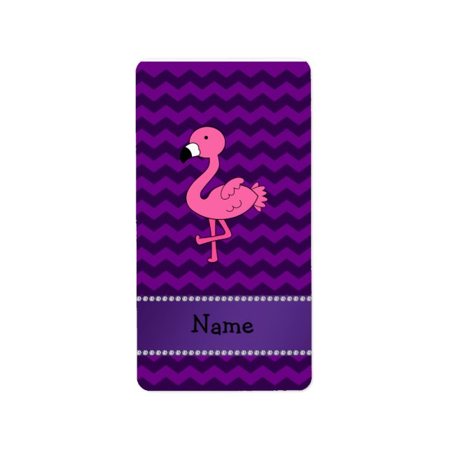 Personalised name pink flamingo purple chevrons label (Front)