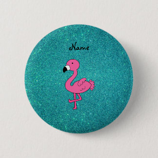 Personalised name pink flamingo turquoise glitter 6 cm round badge