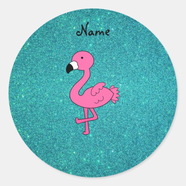 Personalised name pink flamingo turquoise glitter classic round sticker (Front)