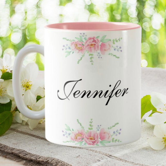 Personalised Name Pink Floral Custom Coffee   Two-Tone Coffee Mug (Creator Uploaded)