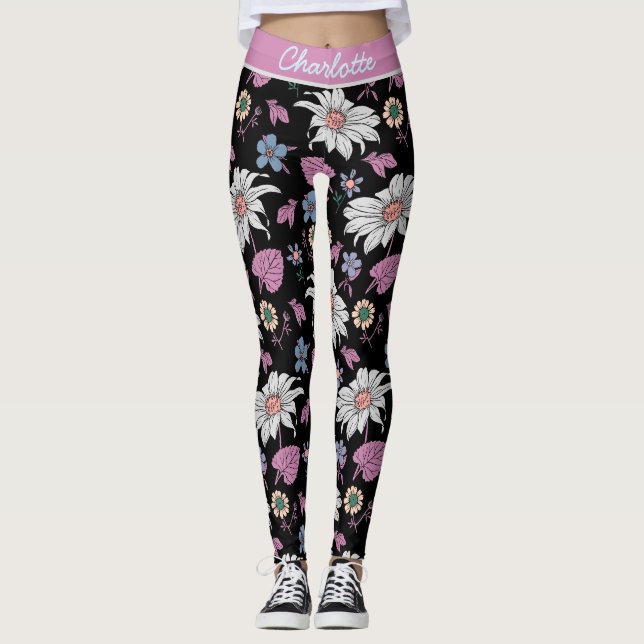Personalised name pink floral seamless pattern leggings (Front)